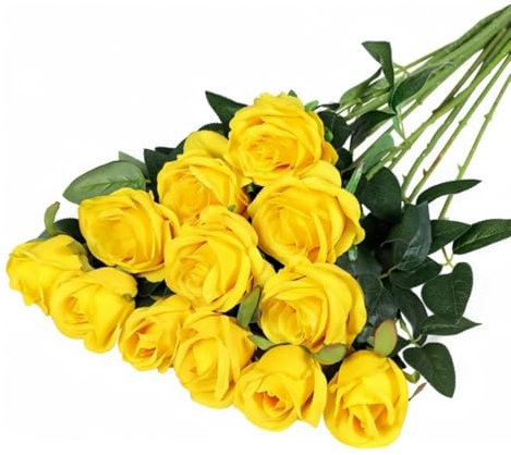Waibejon 12 Pcs Artificial Yellow Roses with Stems, Yellow Fake Roses Artificials Flowers,Fake Artificial Yellows Rose Silk Flowers, for Home Garden Party Hotel Wedding DIY