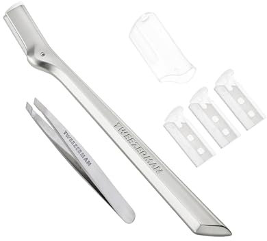 TWEEZERMAN Rasoio per sopracciglia con mini pinzetta inclinata (Mini Slant Tweezer & Brow Razor Set), argento