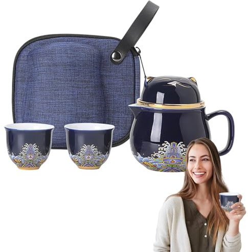 Neamou Portable Ceramic Tea Cup Set,Lucky Cat Teapot Set Ceramic Tea Cup Set | Shockproof Tea Set Porcelain Tea Cups with Tea Strainer for Travel & Home