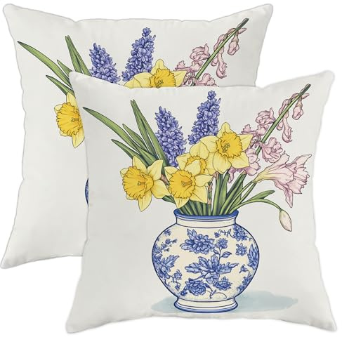 Lot de 2 housses de coussin décoratives à motif floral de printemps pour extérieur, canapé, sofa et lit, 50,8 x 50,8 cm, jonquille jaune et jacinthe de raisin violet