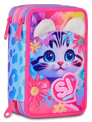 SJ GANG STYLE JAM GANG Astuccio Scuola 3 Zip Cat&Air, Rosa, Portapenne Triplo Scomparto Completo Di Penne, Matite, Colori, Accessori Zaino, Scuola Elementare, Bambina