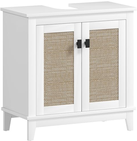 HOMCOM Mueble para Debajo del Lavabo Armario de Baño con Pie con 2 Puertas de Ratán PE 2 Estantes y Sistema Antivuelco para Cuarto Baño 60x30x60 cm Blanco