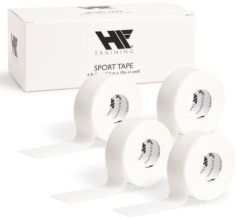 HF Training® - 4 x Profi Sporttape 2,5 x 10 m Weiß für Fußball, Handball & Fitness (EXTRA STARK) - Sport & Fußball Tape für Stutzen, Knie & Handgelenk (wasserfest) - Physiotape (selbstklebend)