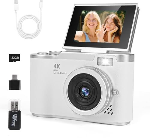 Appareil Photo Numérique, Appareil Photo Compact HD 1080P avec Carte de 32 Go, avec écran Rabattable de 2,4 Pouces à 180°, 8X Zoom Numérique Appareil Photo pour Enfants, Adolescents,Débutants (Blanc)