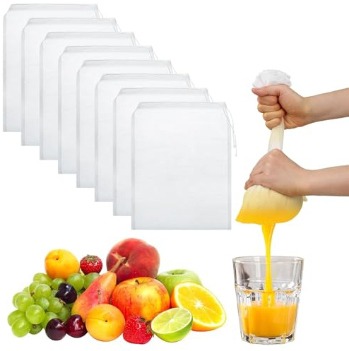 8 Stück passiertuch, nussmilchbeutel Wiederverwendbar, 30x20cm Nylon Beutel für Nussmilch/Käse/Soße, Passiertuch mit Kordelzug – Küchenutensilien für Kaffee, Joghurt, Fruchtsaft