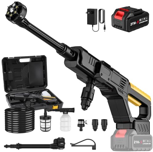 Nettoyeur Haute Pression sans Fil, 50 Bar Nettoyeur Haute Pression sur Batterie avec 1 x 3,0 Ah Batterie, Buse 6 en 1, Moteur en Cuivre Pur de 300 W, Tuyau 5m, pour Voiture, Jardin