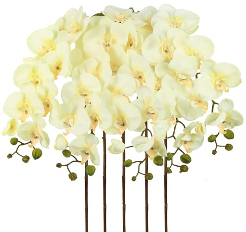 IPOPU 40.16 Champagne Orchid Artificial Flowers 5PCS Look Real Faux Orchids Long Stem Fake Orchid Stems Phalaenopsis for Tall Vase for Bridal Shower Home Party Wedding Decoration (Champagne)