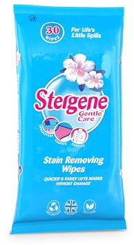 Stergene Gentle Care Fabric Stain Removing Wipes - Wool-Safe Cleaner, Quick Cleaning for Delicates, Carpets, Upholstery & Clothing, 30 Vegan-Friendly Multipurpose Biodegradable Wipes