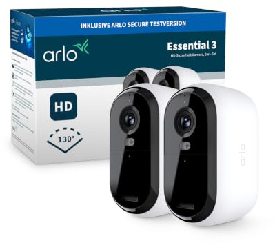 Arlo Essential 3 HD Akku Überwachungskamera Aussen WLAN, Kabellos, 1080p Video, Farbnachtsicht, Licht, Bewegungsmelder, Sirene, 2-Wege Audio, Smart Home + Arlo Secure Plan Testzeitraum, 2er Set