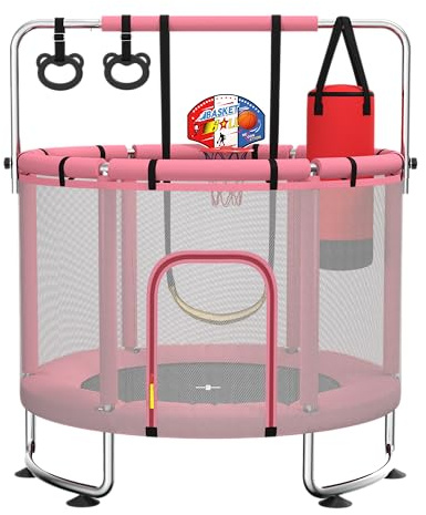 Maxbinton Trampoline pour Enfants 140 cm intérieur/extérieur – Charge maximale 50 kg avec Filet de sécurité, Barre de Gymnastique réglable et Panier de Basket, Cadeau pour garçons et Filles