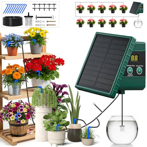 Kit Sistema de Riego Solar para Jardín, Kit Riego Por Goteo Autorriego para Macetas, Regar Regularmente e Manguera de 10M para Interior Exterior Jardín Terraza Balcone Plantas Verdura ﻿