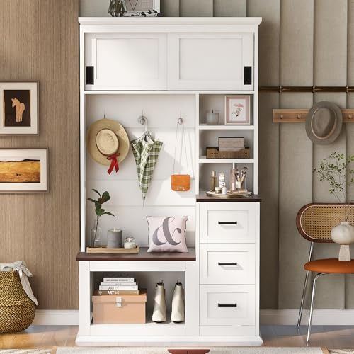 Virubi Modern Entryway Shoe Bench with Coat Rack & Storage – 40.2 Wide Hall Tree with 3 Hooks, 3 Drawers, Shelves & Seating for Hallway, Living Room – Sturdy White/Wood Finish, Easy Assembly