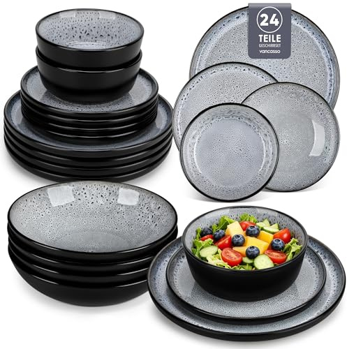 vancasso Bubble 24 Piece Stoneware Dinner Set for 6, Reactive Glaze Ceramic Plates Bowls and Pasta Bowls Set, Grey Crockery Set with 26cm Dinner Plates, Microwave & Dishwasher Safe