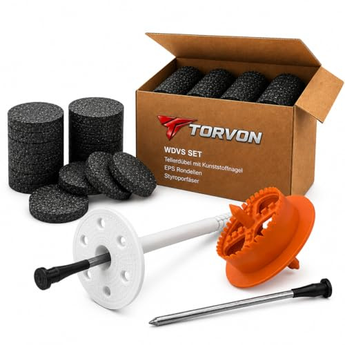 TORVON WDVS - Set di tasselli isolanti con chiodi in plastica con rondelle in EPS e fresa per polistirolo ETA (10 x 220 mm, 100 pezzi + fresa + 100 rondelle EPS)
