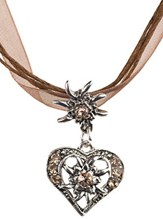 Trachtenkette elegantes Herz mit Strass und Edelweiss in vielen Farben - Anhänger Trachtenschmuck Kette für Dirndl und Lederhose Damen (Light Brown)
