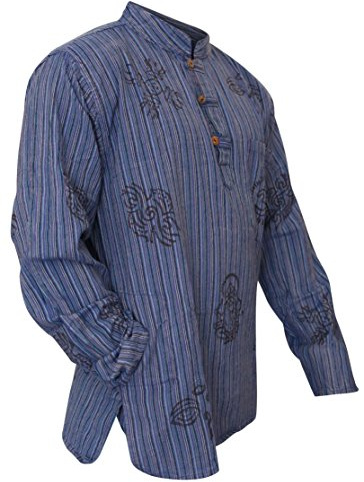 Shopoholic Fashion Men's Hippie Stonewashed Stripe Long Sleeve Cotton Summer Grandad Shirt (3XL,Blue)