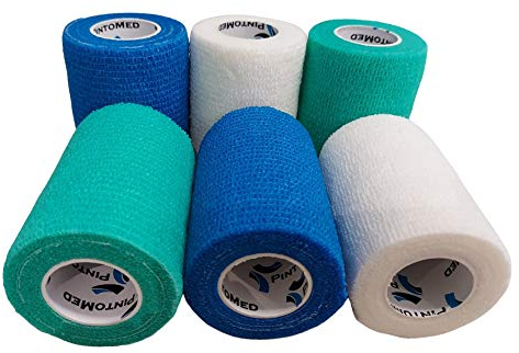 PintoMed - Venda Cohesiva - 2 BLANCO + 2 VERDE + 2 AZUL - 6 rollos x 7,5cm x 4,5m estirado - Vendaje autoadhesiva elástica y flexible, Cinta adhesiva, Vet Wrap, Tape, Primeros auxílios