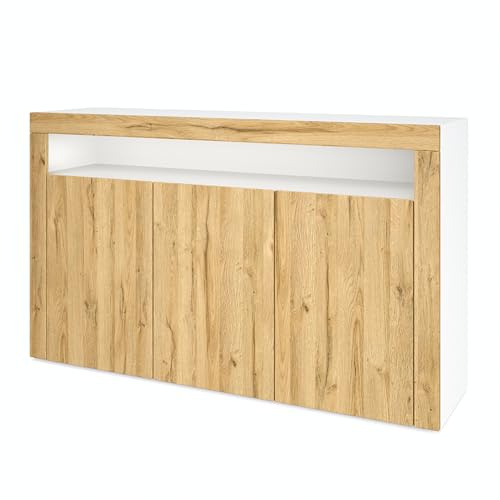 Vladon Sideboard Valencia, Kommode mit 3 Türen und 1 offenem Fach, Weiß matt/Eiche Natur (155 x 92 x 40 cm)