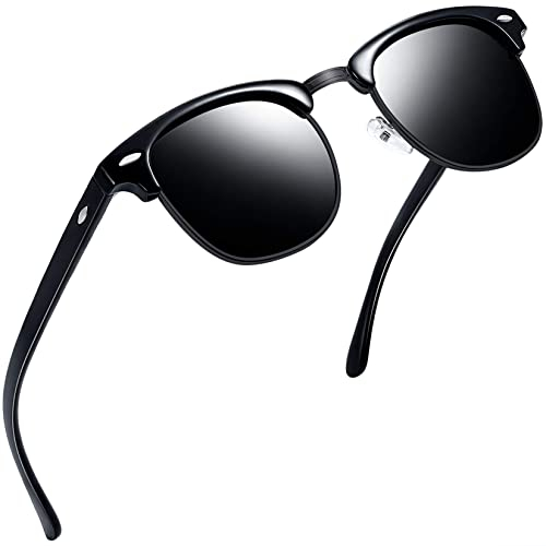 Joopin Schwarze Sonnenbrille Halbrahmen Herren Retro Vintage Sonnenbrille Damen Polarisiert und Brille UV400 Sunglasses für Fahren und Tourismus (Voll Schwarz)
