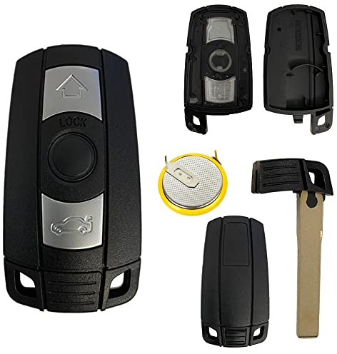 Autoschlüssel Funk Fernbedienung Austausch Gehäuse mit 3 Tasten + Notschlüssel Rohling + Akku kompatibel für BMW E60 E90 E53 E87 E88 E81 E63 E61 E91 E93 E70