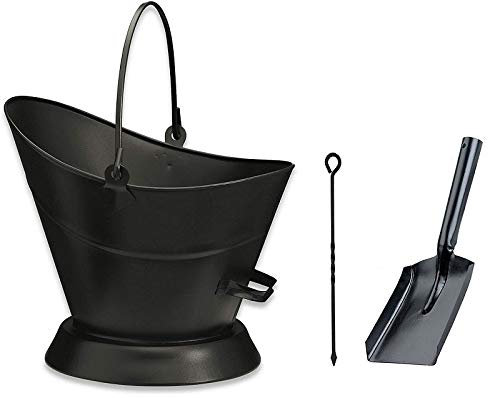 Heavy Duty Metal Fireside Waterloo Bucket Fireplace Hod Scuttle Coal Fuel Ash Wood Log Storage Option with Shovel and Poker (Black Waterloo Bucket+Shovel & Poker)