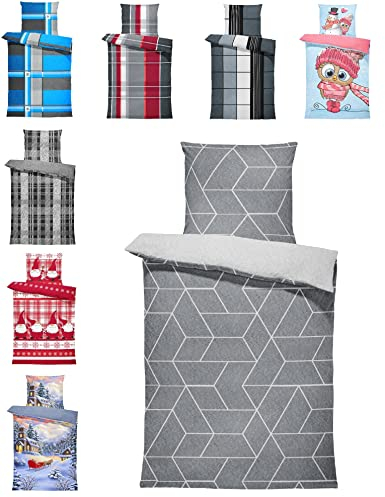 one-home Winter Bettwäsche Thermo Fleece Kuschelig Warme Bettbezüge Flauschig Warm Weich, Größe:4 teilig 135x200 cm, Farbe:Geometrisch grau