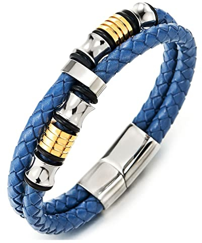 COOLSTEELANDBEYOND Doppel-Lap Geflochtenem Lederarmband Herren Armband Leder Schweißband Edelstahl Charme