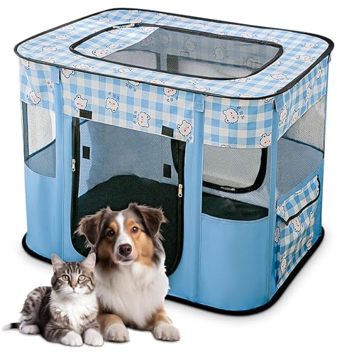 ALLSOPETS Welpenauslauf Faltbarer Laufstall Hund Katze, Tragbarer Welpenlaufstall Hundebox Freigehege mit Tragetasche für Innen, Außen, Reisen und Camping (Blaue Bären, XXL)