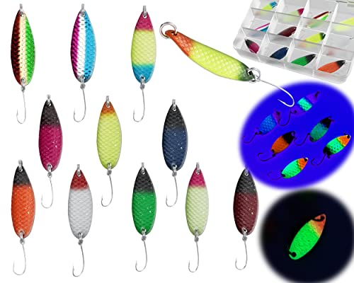 Njord Kalastus Messeneuheit 2024 UV Aktive und geriffelte Spoons Forelle Set 12 Stück 3g inkl. Spoon Box | Angelzubehör Forelle Forellenköder Spoons Set Spoon Set zum Forellen Angeln Spoons