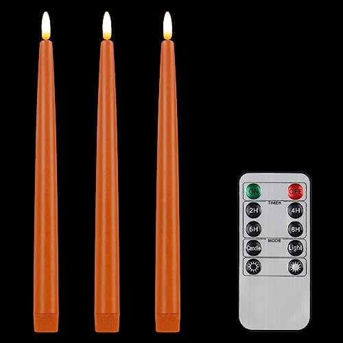 CVHOMEDECO. Bougies sans flamme avec télécommande à 10 touches, bougies de fenêtre à mèche 3D fonctionnant à l'aide d'une pile, cire véritable, décorées 2 x 28 cm, paquet de 3, orange