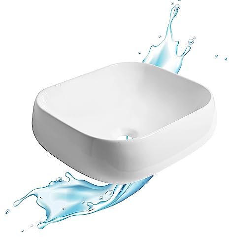 Lavabo bagno forma quadrata in Ceramica Bianco Lucido Misure 45 x 42.5 x 13.5 cm - Per piani d'appoggio in bagno e mobili da toilette