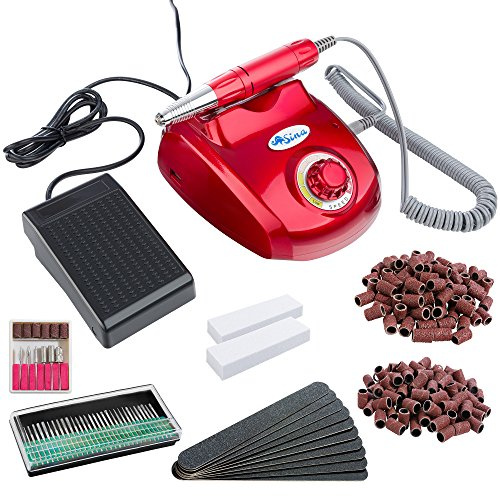 Sina Elektrische Nagelfeile | mit Fußpedal | inkl. 6 tlg.-Bit-und Mandrel-Set + 30 Diamantfräser | 200 Schleifhülsen | 2 Feilblöcke + 10 Nagelfeilen | 20.000 Umdrehungen/Minute | Rot