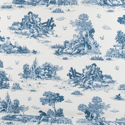 SCHÖNER LEBEN. Dekostoff Halbpanama Classic Shepherd Scene Toile de Jouy Ecru blau