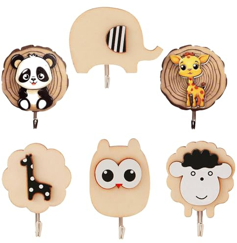 PIWOSGOL 6 Piezas Ganchos de Pared para Infantil, Perchero Pared Madera, Ganchos Adhesivos para Niños, Gancho Con Diseño De Animales para Habitación de Los Niños, Baño, Cocina, Salón