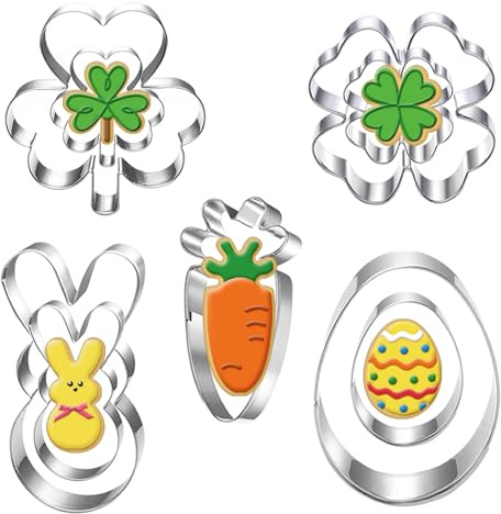 Auktosmn St. Patrick's and Easter Cookie Cutter Set-9 Piece-Dishwasher Safe-Shamrock, 4 Leaf Clover, Bunny, Egg and Carrot-Cookie Cutter for Spring Easter and St. Patrick's Day Decor