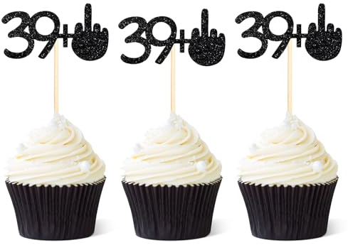 Gersoniel 24 Pieces 39 + 1 Cupcake Toppers Funny 40th Birthday Cupcake Picks Glitter Black Middle Finger Cake Toppers Fifty Cup Cake Decoration for Happy 40th Birthday Party Anniversary Decorations