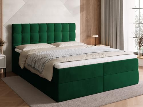 BROMARKT Boxspringbett 160x200cm mit Topper und Bettkasten H3 Grün | Doppelbett für Schlafzimmer mit Bonell Matratze Stauraum und gepolsterte Kopfstütze Bett Bed Einzelbett Federkern DETROIT