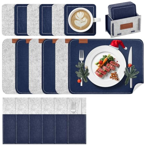 Witnewrage Tischsets Filz, Platzsets Abwaschbar, Doppelseitigen Platzdeckchen, 19er Set: 6 Platzsets, 6 Untersetzer, 6 Bestecktasche, 1 Filzbox - Dunkelblau Hellgrau