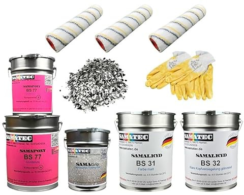SAMATEC Bodenbeschichtung außen Terrassenbeschichtung Balkonbeschichtung Terrassenboden Balkonboden Komplett Set All in One Außen bis zu 25m² (Kieselgrau)