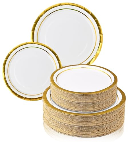 ASMIZ 100 Pc White and Gold Paper Plates, Disposable Round Dinner Dessert Plates Party Tableware, White and Gold Rim Paper Plates for Wedding, Graduation, Birthday Decorations, Christmas