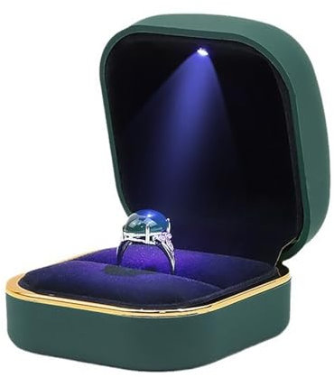 Tyenaza Schmuckschatulle, LED-Ringbox, Samtfutter, exquisite Luxus-Ringbox, Schmuckschatulle mit LED-Licht für Jahrestag, Hochzeit (Dunkelgrün)