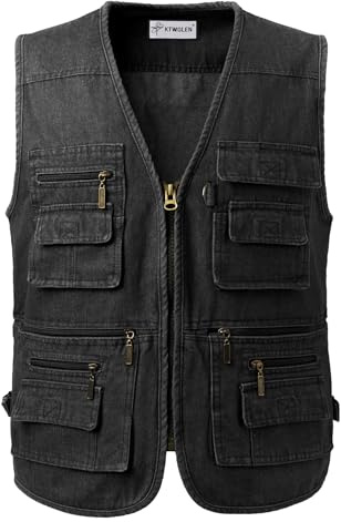 KTWOLEN Herr denim västar flera fickor ärmlös jeansjacka tungvikt cowboy denim väst motorcykel jeans väst arbete västar, Svart, XL