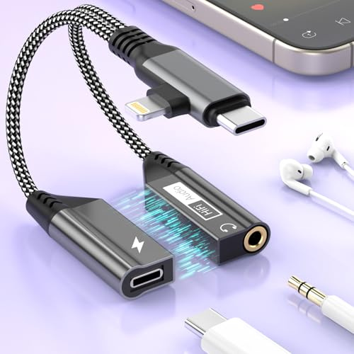 Magnetic 2-in-2 Lightning/USB C to 3.5mm Aux Audio Jack Headphone+Type-C Charge Cable Adapter,【Apple MFi Certified】 Earphone Converter Splitter for Music+Charge+HiFi for iPhone14 13 12,iPad,Samsung