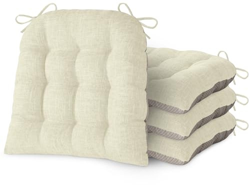 FlyGulls Chair Cushions for Dining Chairs Set of 4 Durable D-Shaped Seat Cushions with Non-Slip Backing Secure Ties Thick Cozy Seat Pad for Kitchen Dining Room Office(46x42x7.6cm Beige)
