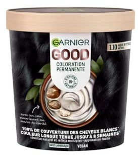 Garnier - Coloration Permanente - Sans Ammoniaque - 90% d'Ingrédients d'Origine Naturelle et Formule Vegan - Beurre de Karité - 100% Couverture Cheveux Blancs - Noir Intense Mûre (1.10) - Good