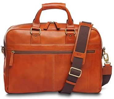 Bosca Real Leather Messenger Bag for Men - Dolce Italia Vegetable-Tanned Leather with RFID Pocket For Work & Travel - Fits 16 Laptops - Exterior Zipper Pockets, & Trolley Strap Amber Brown