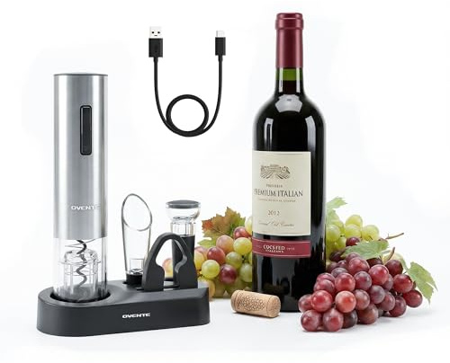 OVENTE Electric Wine Opener Set, Rechargeable Cordless Wine Corkscrew with Charging Base, Foil Cutter, Pourer and Vacuum Stopper, Ideal for Home Bar, Outdoor Parties and Christmas Gift, Silver WBR446S