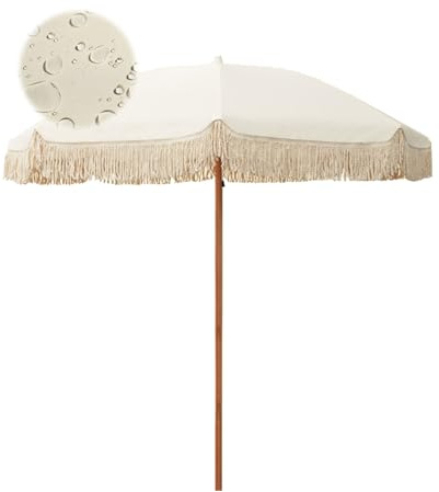HAOKKV 2,0 M Hawaiischirm Für Die Terrasse Im Freien Mit Sandanker, Boho-Strandschirm Aus Holz, UV 50+, Fiberglas-Streben, Weiß (ohne Sockel)