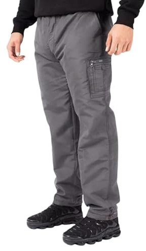 Men’s Thermal Fleece-Lined Cargo Trousers – Windproof Water-Resistant Work Combat Pants with Multi Pockets, Elasticated Waist & Drawstring for Walking & Outdoor, Biker Cyclist Use - Grey L