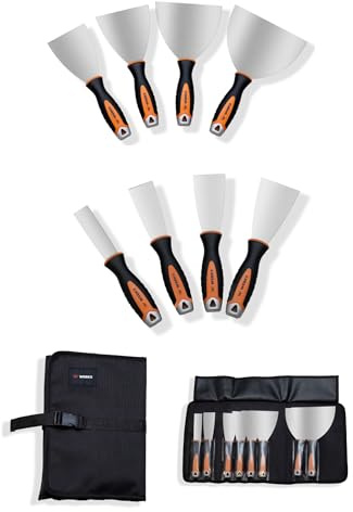 Set de 8 outils à enduire professionnels en acier Inox avec trousse de rangement – Kit parfait pour plaquiste, peintre, enduit, plâtre, lissage et rebouchage – Poignée bi-Matière ergonomique